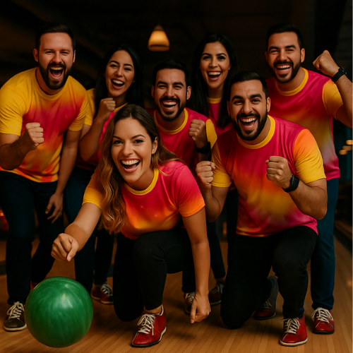 a group of people standing around a bowling ball