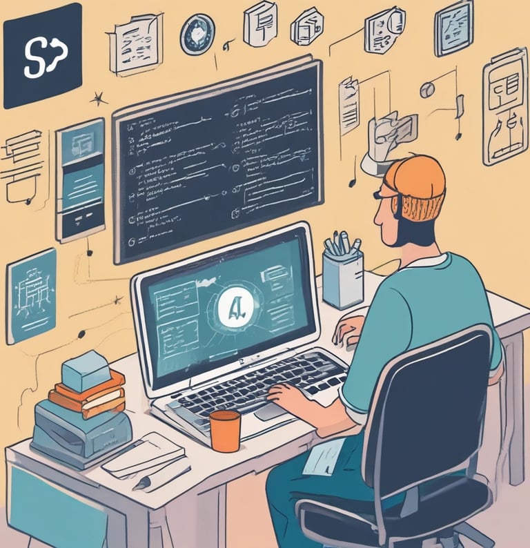 A professional workspace with a laptop displaying code and data charts.