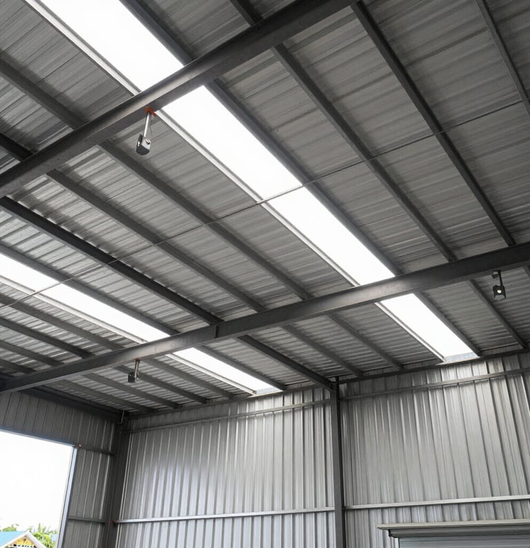 A skilled roofer installing metal sheets on an industrial building under a clear blue sky.