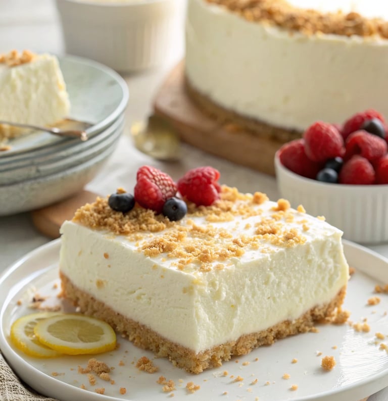 No-Bake Classic Woolworth Cheesecake with fresh berries and lemon slices on a white plate in a brigh