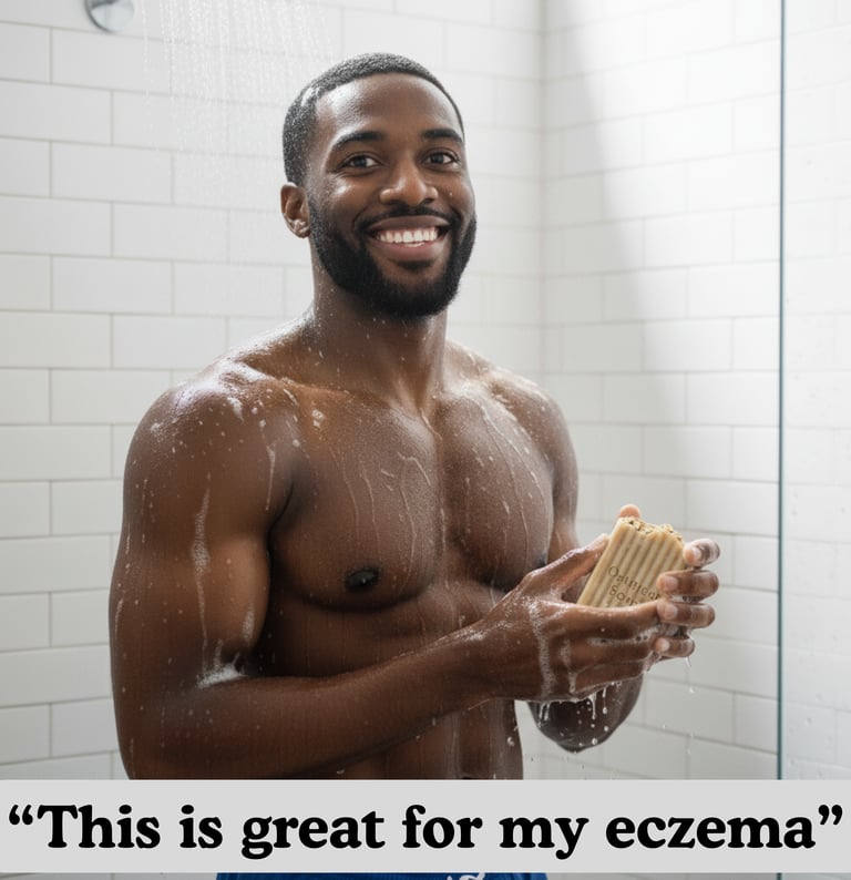 a man in a shower with an oats, milk and honey soap bar in the shower