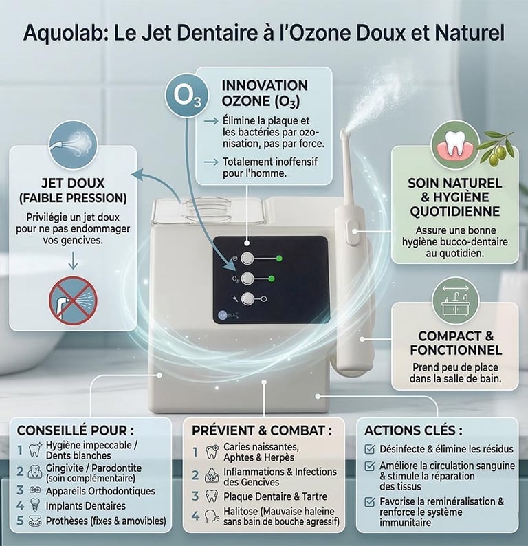 Infographie jet dentaire à lozone Aquolab : avantages pour gingivite, parodontite et implants dentaires