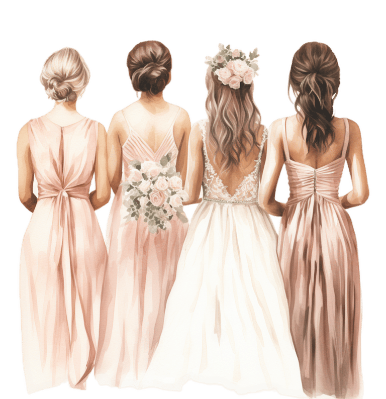 Watercolor illustration of a bride in a white gown and bridesmaids in pink dresses from behind.