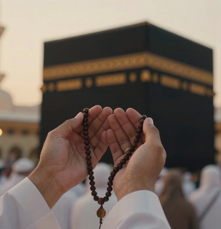 Cinematic close-up of hands holding prayer beads against a soft-focus background of the Kaaba at golden hour, warm ambient glow, elegant composition, shallow depth of field.