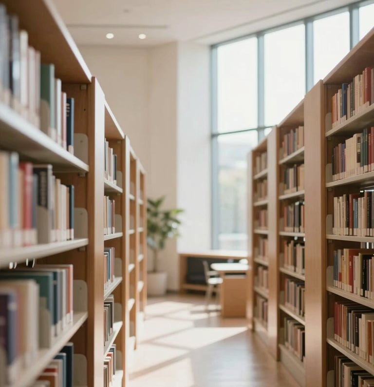 A bright, modern library interior with tall shelves and a large window, soft sunlight streaming in, sophisticated and resourceful atmosphere.