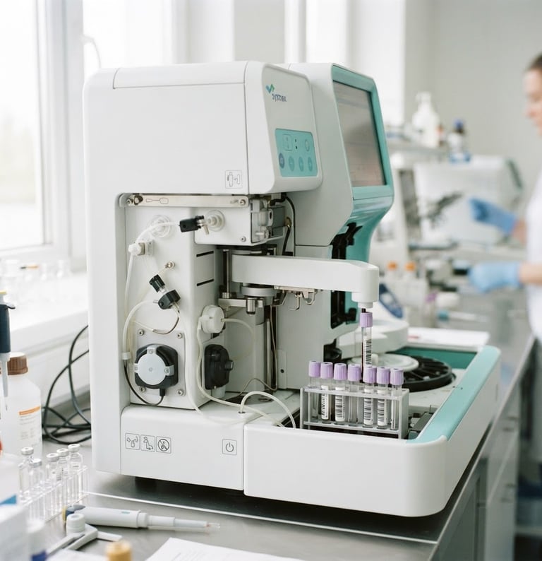 Bright clinical photography, close-up of fully automated hematology analyzer in a clean modern laboratory with soft teal accents, diffused natural daylight, 35mm
