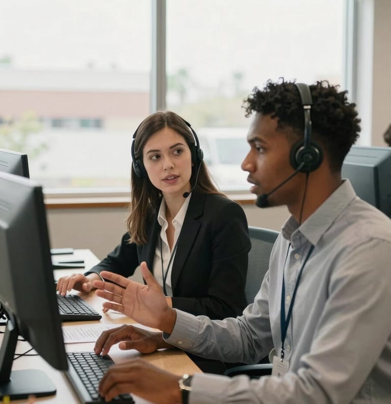 Wide environmental shot of two diverse call center agents at adjacent workstations mid-conversation, one agent gesturing naturally, multilingual reference materials visible on desk, north-facing window light, warm and focused atmosphere showing genuine communication