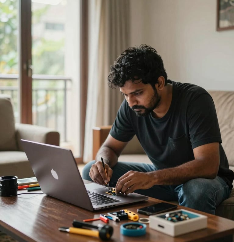 Close environmental shot of a technician in a customer's living room, seated at a coffee table repairing a laptop, natural window daylight from the left, tools and components visible on the table, Bangalore residential interior in background, documentary framing