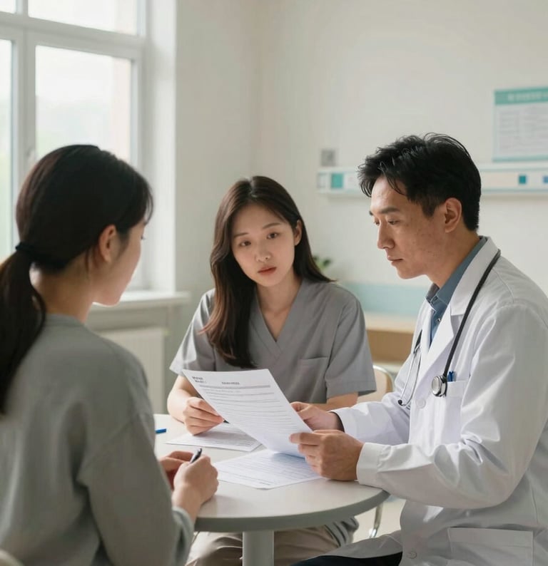 Wide environmental shot of a light-filled hospital consultation room, a medical coordinator and a patient seated at a table reviewing printed intake forms together, diffuse natural window light from the left, calm clinical interior, medium shot showing both people mid-conversation, no dramatic shadows