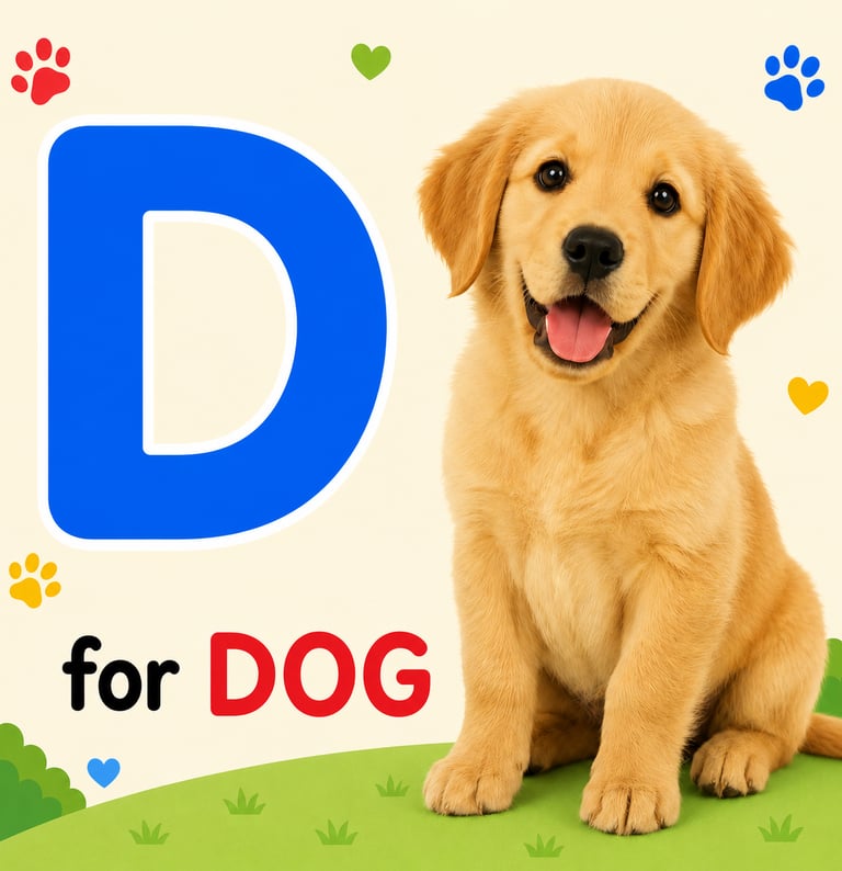Educational alphabet poster featuring a golden retriever puppy and the letter D for dog.