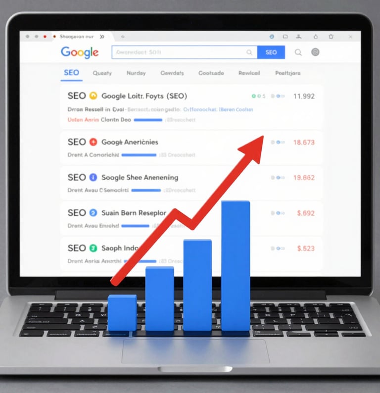 alt="écran ordinateur montrant Google SEO monter en fleche"
