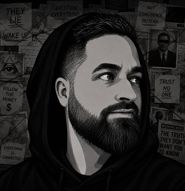 Monochrome illustration of a bearded man in a hoodie against a conspiracy theory mood board background.