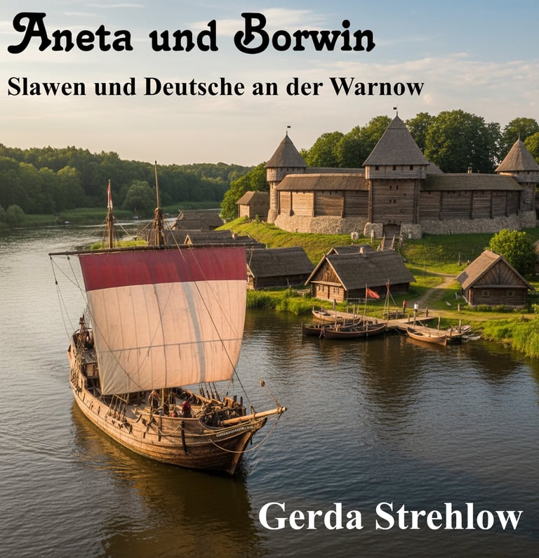 Eine Kogge auf der Warnow und Dorf am Ufer