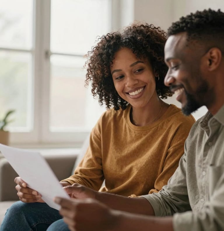 African American black woman speaking with an African American black man, both smiling and engaged, looking at documents, warm natural window light, soft inviting, shallow depth of field, 35mm lens
