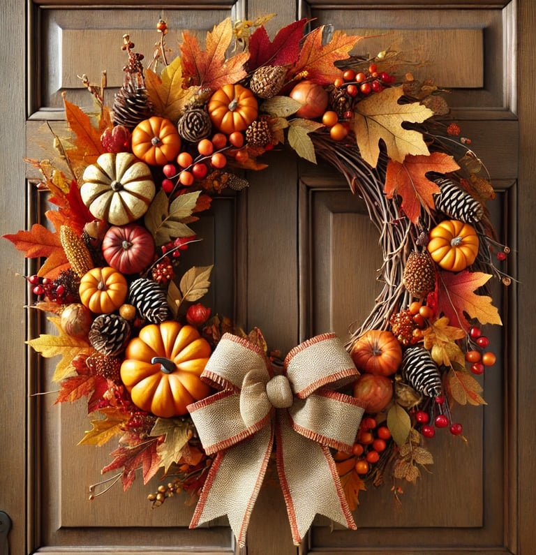 autumn wreath, adorned with pumpkins, autumn leaves and a beautiful bow, hanging over a door