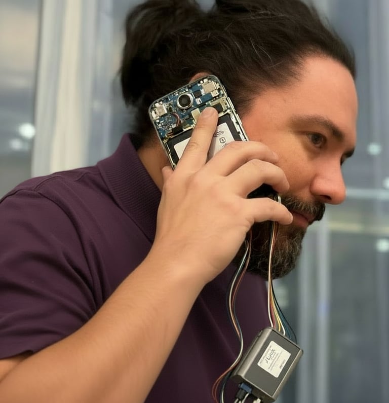 PnC engineer on the phone with a client, using a disassembled phone with a debugger hanging