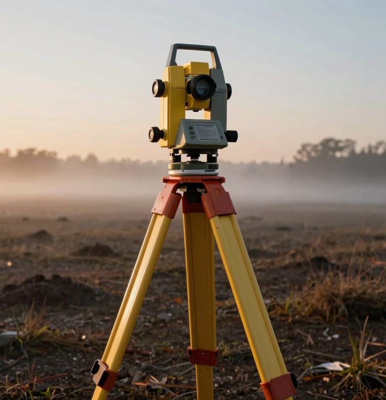 Close-up of a surveyor's tools (theodolite and tripod) set up on a wild, undeveloped land lot at dawn, with mist rising, emphasizing precision and early inspection.
