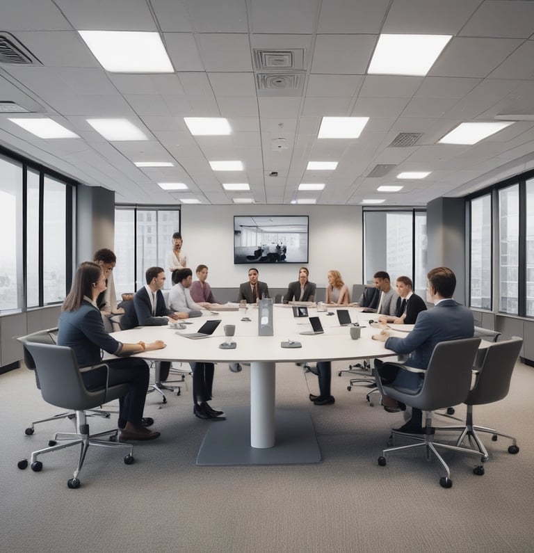 A professional team discussing financial strategies in a modern office.