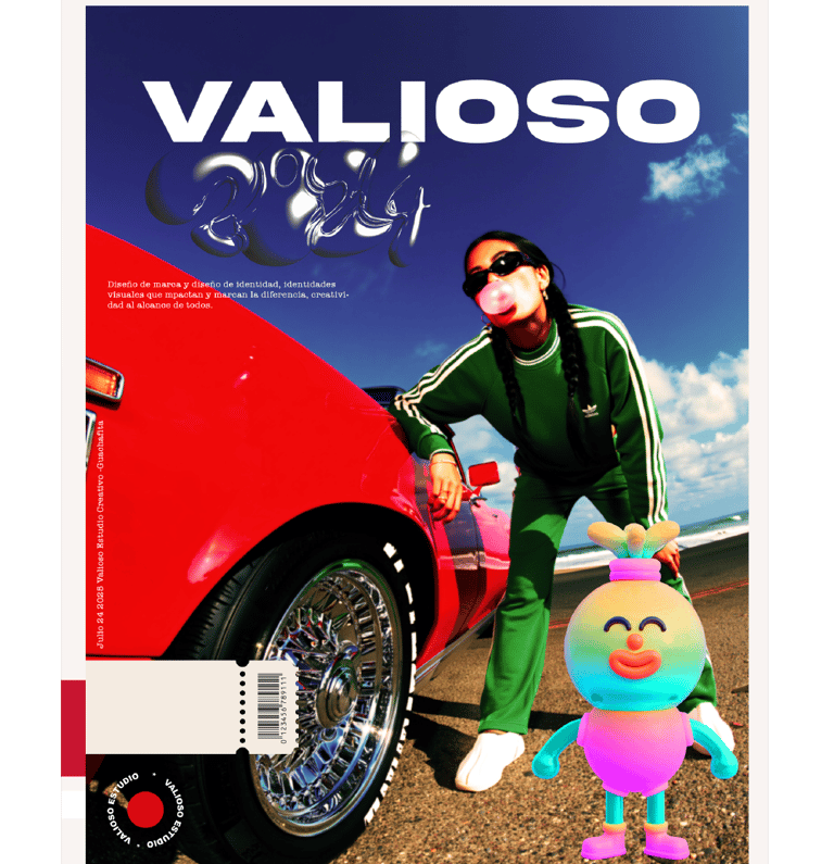 Valioso magazine cover featuring a woman in a green tracksuit blowing bubblegum by a red vintage car.