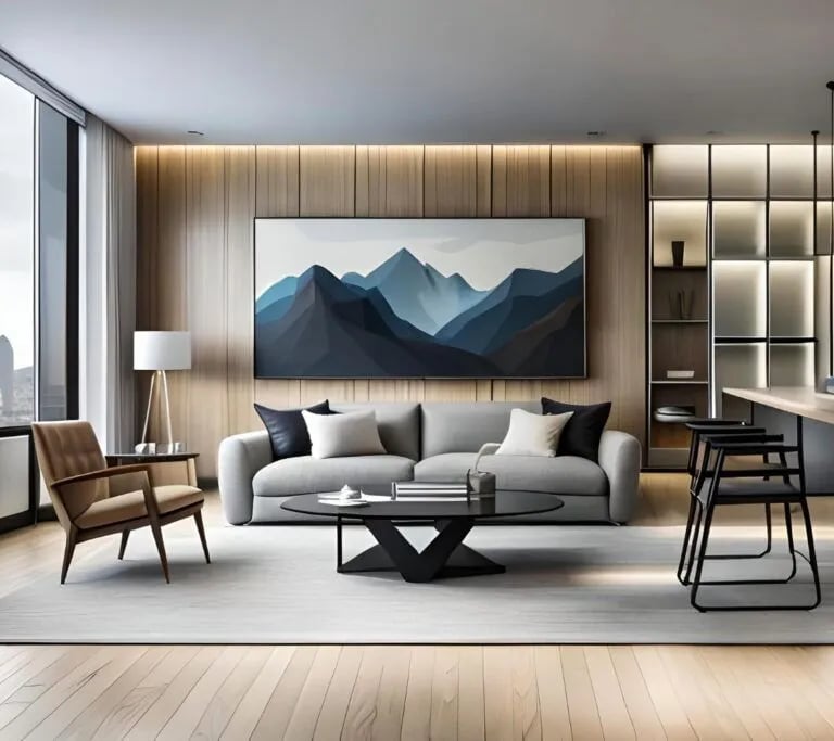 a living room with a couch and a table