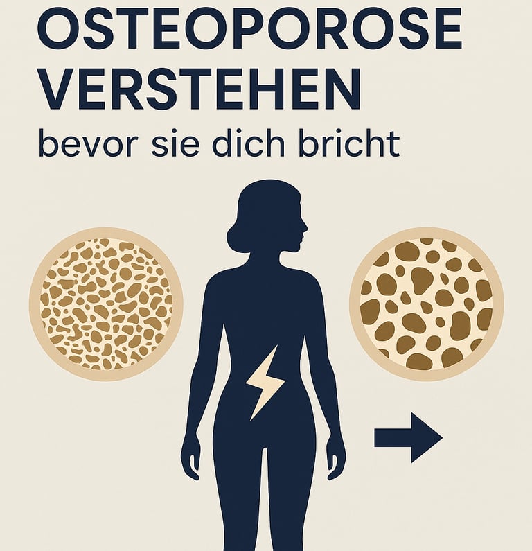 Infografik zur Osteoporose: Vergleich zwischen gesunder und brüchiger Knochenstruktur, mit Silhouett