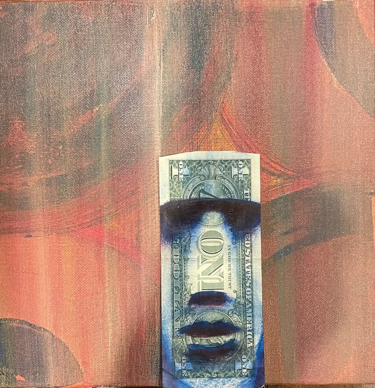 UHO Series, "Ultimate Harmful Obsession", small paintings with a MOAI painted on a Dollar