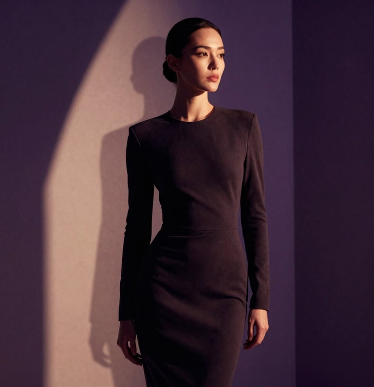 Elegant woman in a high-fashion studio environment, looking confidently into the distance, cinematic dark lighting, soft purple and warm golden hour ambient tones. Architectural shadows.