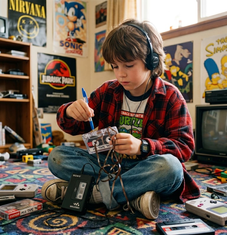 Um menino em um quarto dos anos 90 usa uma caneta para rebobinar uma fita cassete enquanto usa fones