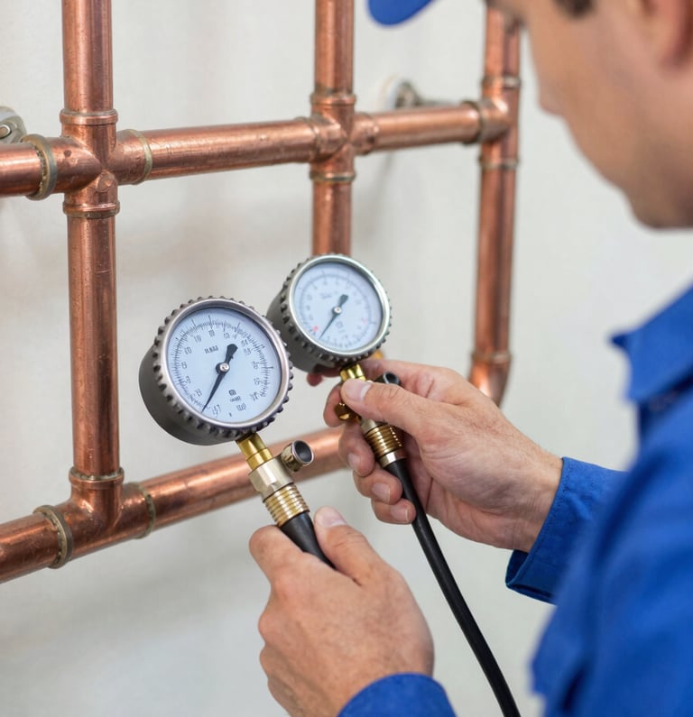 Medium close-up of a professional technician in a blue uniform inspecting copper gas pipes with a digital pressure gauge under bright daylight, crisp focus.