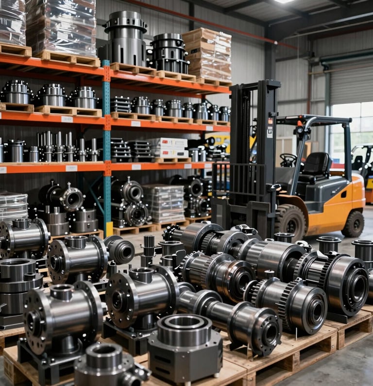 Wide shot of a well-organized industrial warehouse interior, high-contrast lighting, shelves stacked with heavy-duty machinery parts and components, metallic textures, a forklift in the background, sharp focus, 35mm.