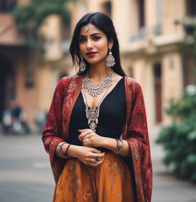 Elegant woman wearing a shimmering evening dress, smiling confidently at a city rooftop party.