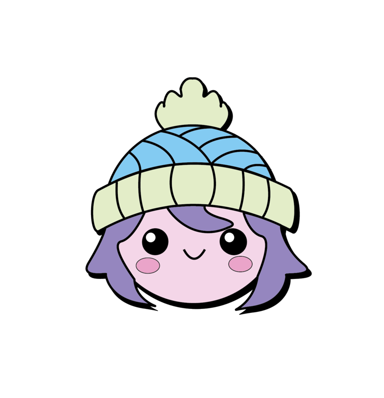 Logo Kikrochet personaje de cabello morado que usa un gorro de invierno azul y amarillo.