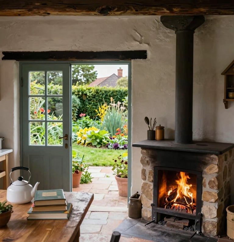 A cozy cottage with old books, a fireplace and a cup of coffee