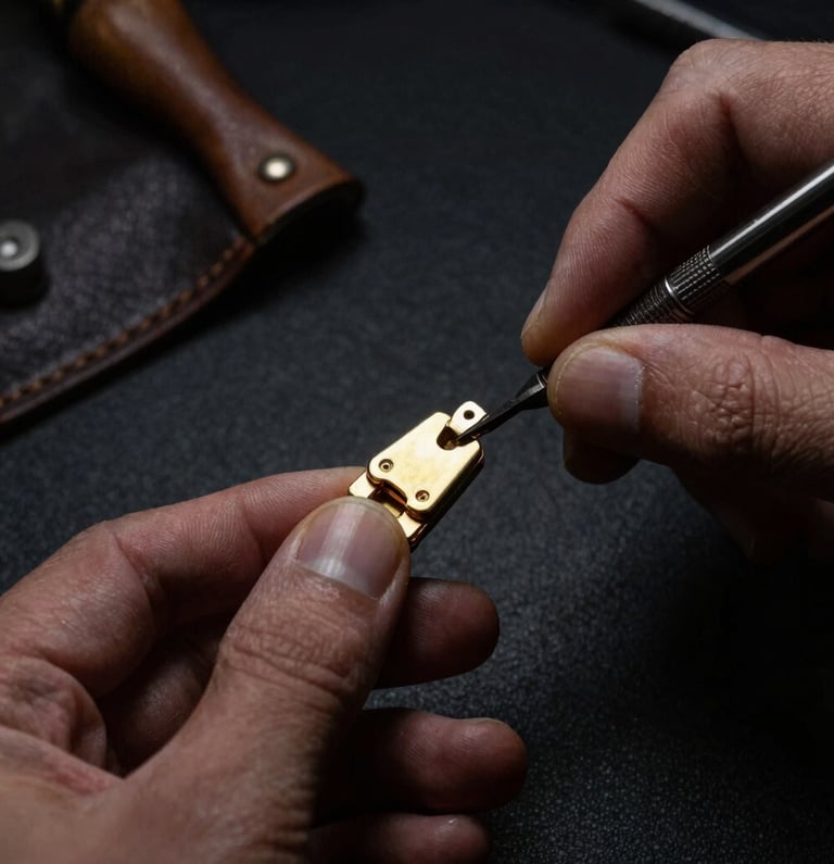 Macro shot of a jeweler's hands, wearing a leather apron, using a fine file to shape a raw gold locket hinge, with strong directional side-lighting casting deep shadows and highlighting metal grain. Dark charcoal background.