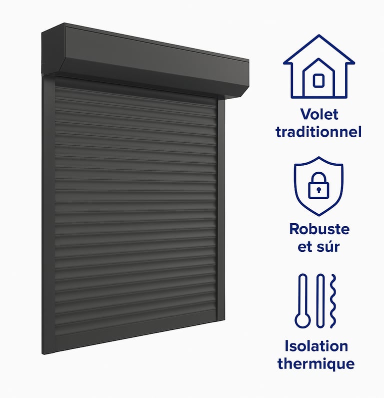Volet roulant traditionnel gris ISO Classik avec pictogrammes robustesse et isolation