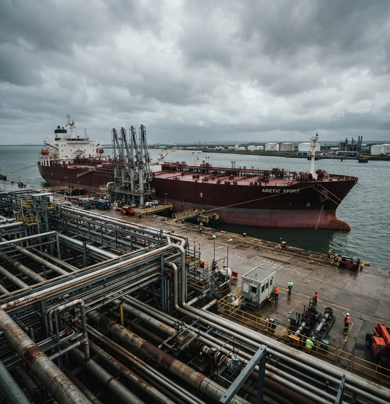 Wide-angle cinematic industrial photography of a massive maritime crude oil tanker docked at a modern deepwater terminal under overcast daylight, steel pipes and heavy infrastructure in foreground.
