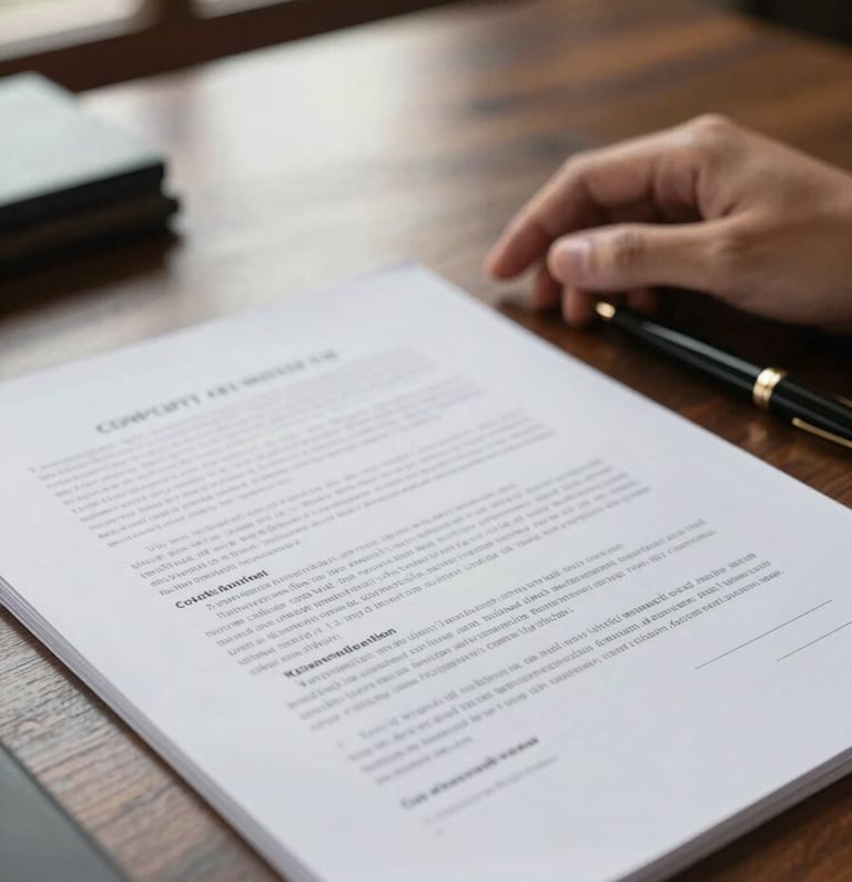 Close-up of open legal documents on a dark wood desk in a Bali office, a hand resting beside a pen, warm natural sidelight from a window, shallow depth of field, contract clauses softly visible