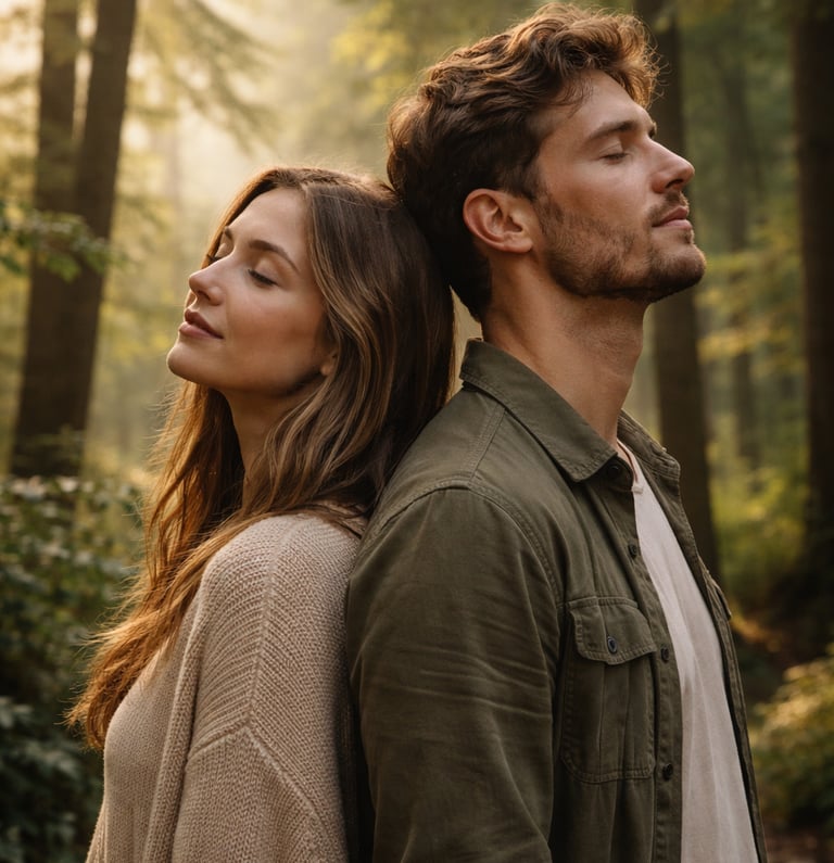 Una pareja tranquila, de pie espalda con espalda y con los ojos cerrados, se encuentra en un bosque 
