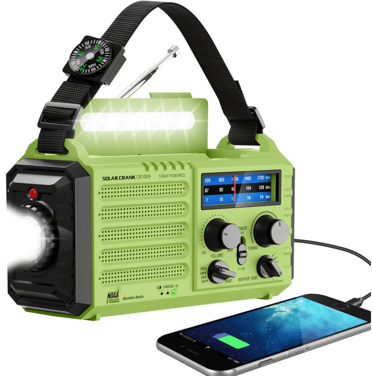 a green radio with a flashlight and a cell phone