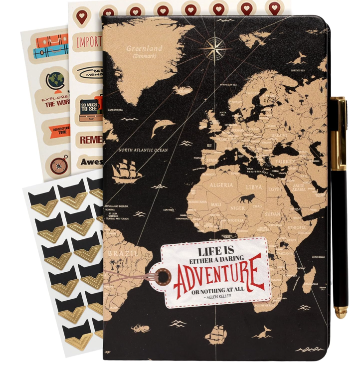 a couples travel notebook with a map of the world