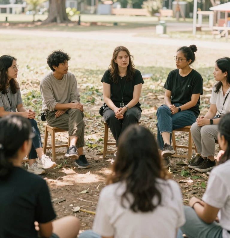 A facilitator guiding a small reflective circle outdoors under the soft shade of trees, participants listening attentively, warm natural daylight, candid.
