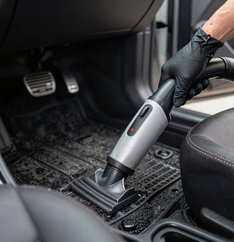 A professional detailer carefully washing a shiny car exterior under natural light.