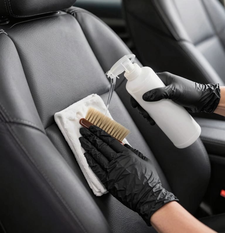 Close-up of a technician polishing a car dashboard with microfiber cloth.