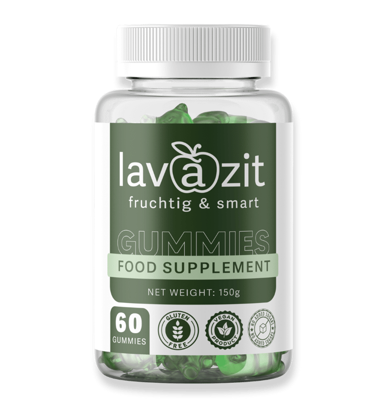 Lavazit Gummies – grünes Nahrungsergänzungsmittel in einer transparenten Dose mit 60 veganen, gluten