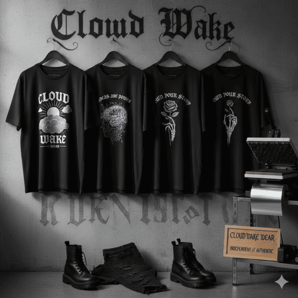 Playeras negras de Cloud Wake Wear colgadas, junto a botas y elementos de streetwear.
