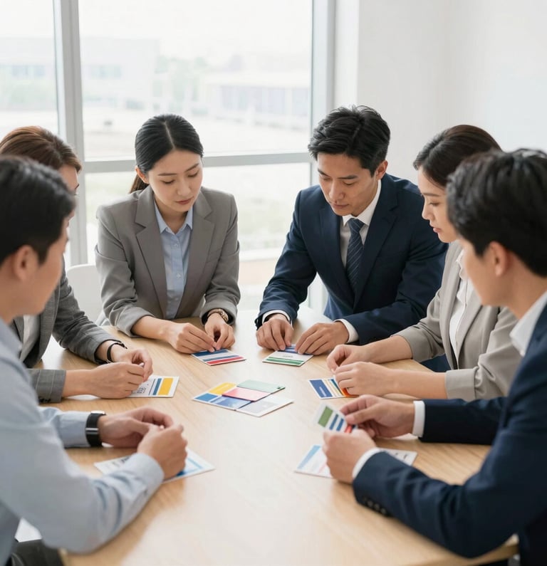 Focused corporate team collaborating around a minimalist wooden table, analyzing colorful workshop cards, bright diffused side light, professional 35mm photography