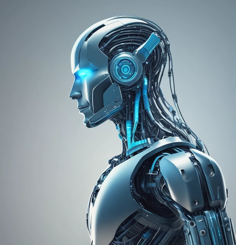 Perfil lateral de um robô humanoide futurista prateado com olhos azuis brilhantes e fiação mecânica 