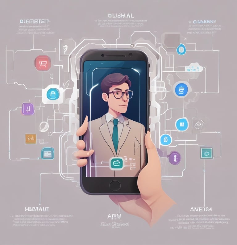 A sleek smartphone glowing with neon blue and purple gradients, displaying a futuristic AI interface with voice waveforms and floating data icons.