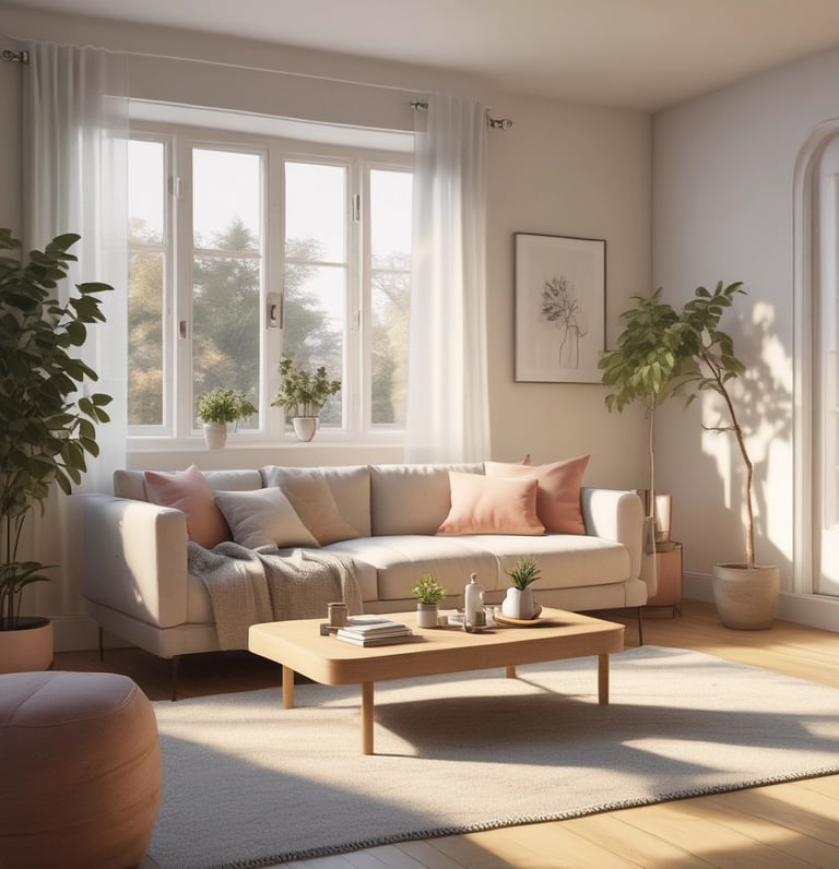 A cozy living room with stylish furniture and decorative plants.