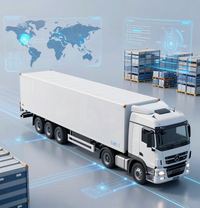 A sleek digital map overlay showing global transport routes connected by glowing AI data points.